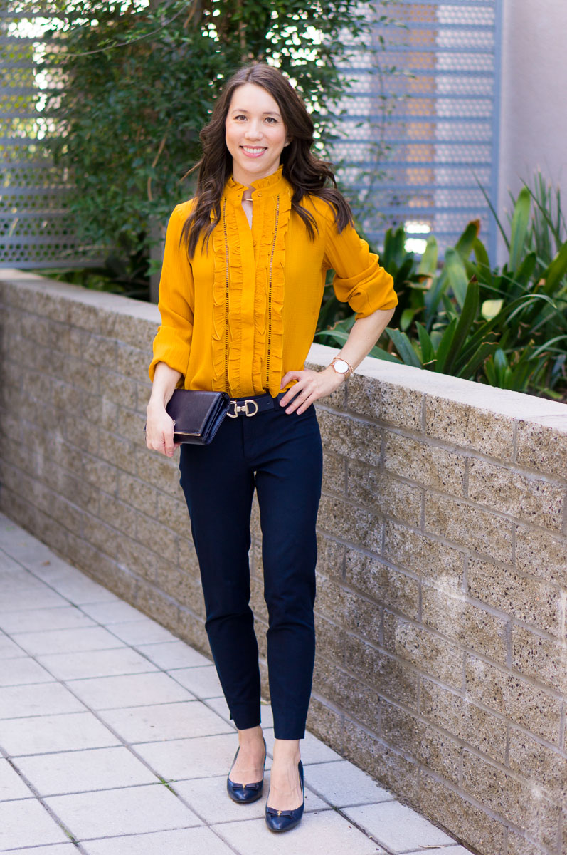 yellow and navy blue outfit
