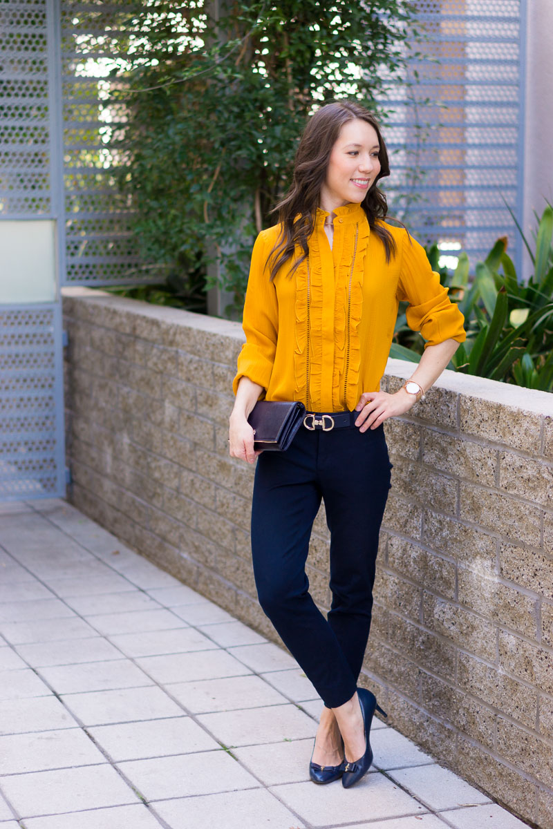 mustard yellow and grey outfit
