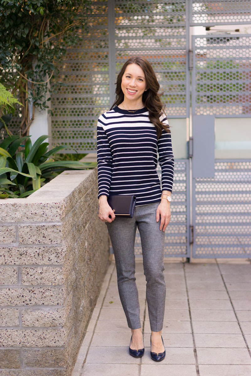 Petite Style Script How to wear navy gray together work outfit inspiration LOFT striped sweater banana republic sloan fit cole haan bow heels 1